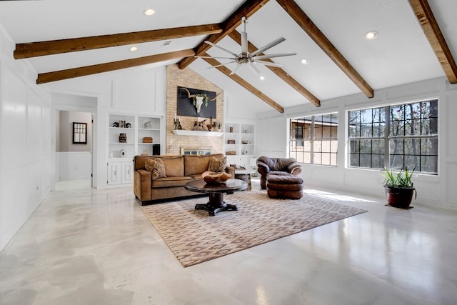 living room featuring high vaulted ceiling, a decorative wall, built in features, a brick fireplace, and beamed ceiling