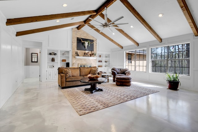 living room with ceiling fan, lofted ceiling with beams, recessed lighting, a fireplace, and built in shelves