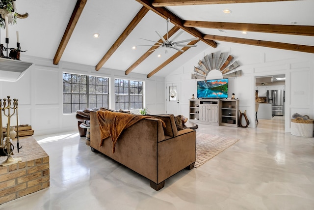 living room featuring recessed lighting, a ceiling fan, vaulted ceiling with beams, and a decorative wall