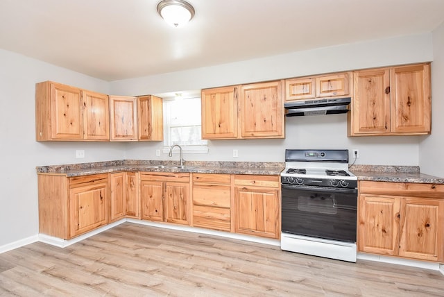 kitchen with light wood finished floors, gas range, under cabinet range hood, light brown cabinets, and a sink