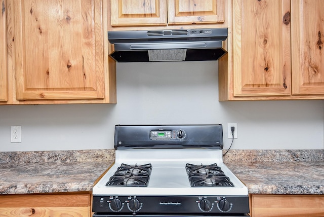 kitchen with light brown cabinetry, under cabinet range hood, and gas range oven