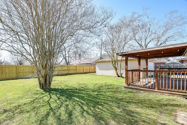 view of yard featuring a fenced backyard and a wooden deck