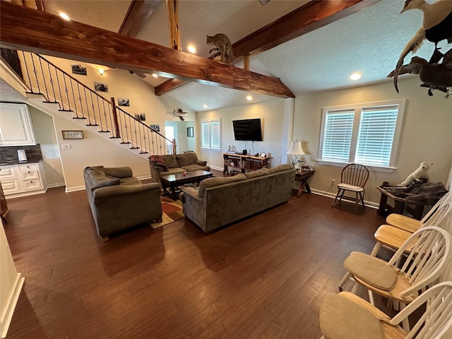 living room featuring recessed lighting, stairway, lofted ceiling with beams, dark wood-type flooring, and baseboards