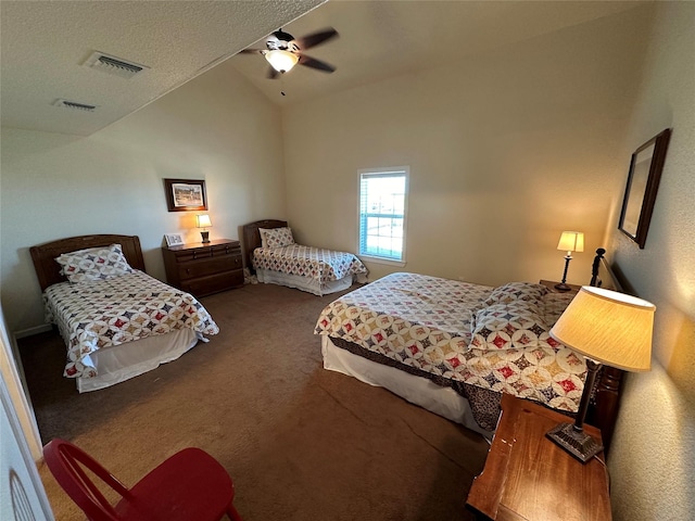 bedroom with lofted ceiling, carpet, visible vents, and a ceiling fan