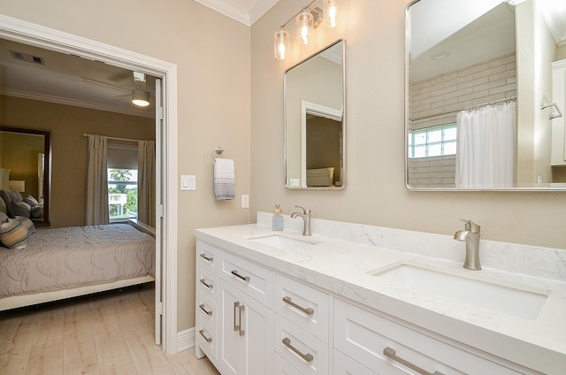 ensuite bathroom featuring a wealth of natural light, ornamental molding, and a sink