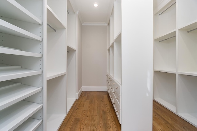 walk in closet with wood finished floors