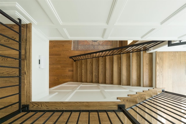 staircase with wood walls