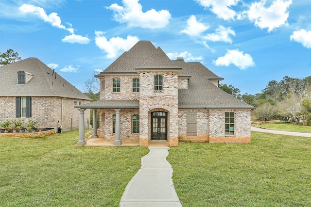 french country style house with french doors, a shingled roof, a front yard, and brick siding