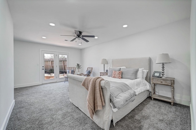 carpeted bedroom with access to exterior, recessed lighting, ceiling fan, and baseboards