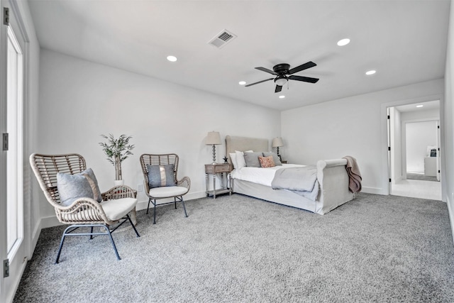 carpeted bedroom with baseboards, visible vents, a ceiling fan, and recessed lighting