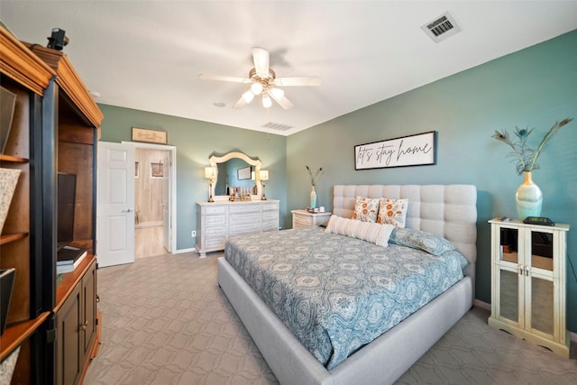 bedroom with ceiling fan, carpet flooring, visible vents, and baseboards