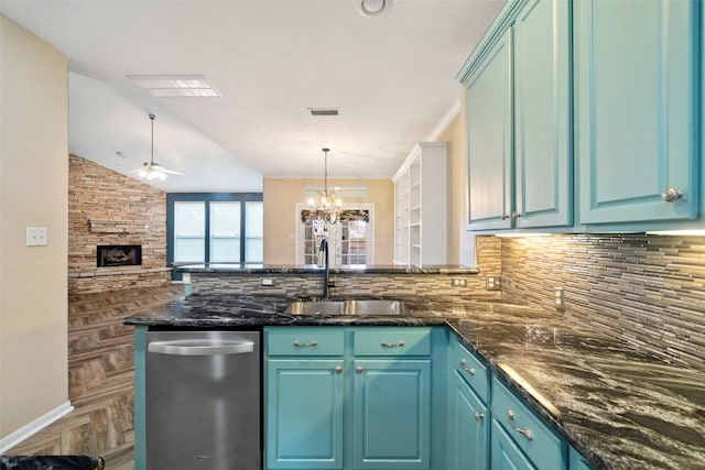 kitchen with tasteful backsplash, open floor plan, a sink, and dishwasher