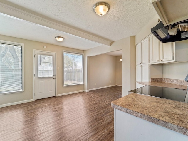 kitchen featuring dark wood finished floors, white cabinets, a textured ceiling, under cabinet range hood, and baseboards