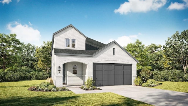 view of front of house featuring a garage, roof with shingles, driveway, and a front lawn