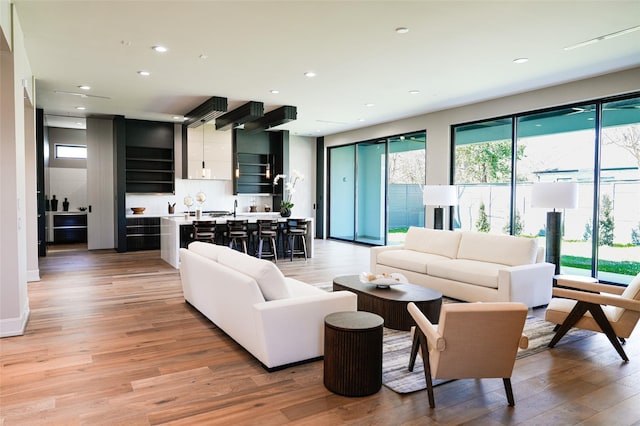 living area featuring recessed lighting and light wood finished floors