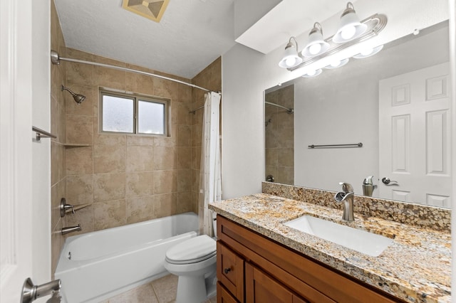 full bathroom featuring shower / bath combination with curtain, visible vents, toilet, vanity, and tile patterned flooring