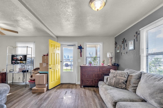 living room with a wealth of natural light, ceiling fan, a textured ceiling, and wood finished floors