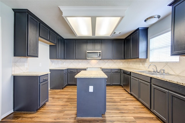 kitchen with stainless steel appliances, light wood-type flooring, a sink, and backsplash