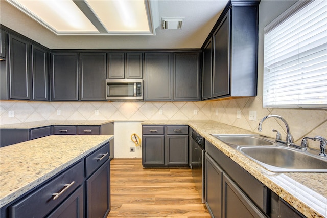 kitchen with a sink, visible vents, appliances with stainless steel finishes, decorative backsplash, and light wood finished floors