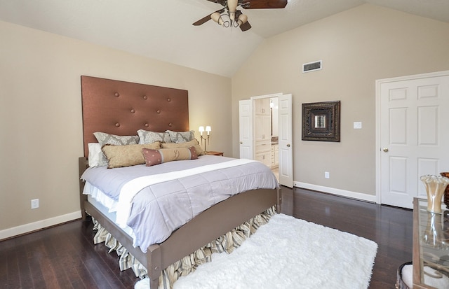 bedroom with visible vents, baseboards, high vaulted ceiling, and wood finished floors