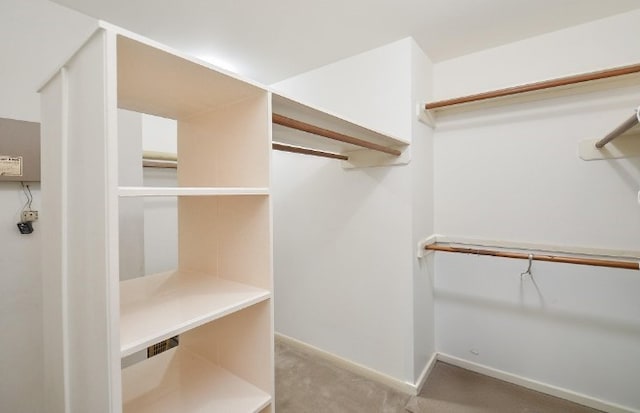 walk in closet featuring light colored carpet