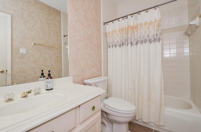 full bathroom featuring tile patterned flooring, wallpapered walls, toilet, shower / bath combo, and vanity