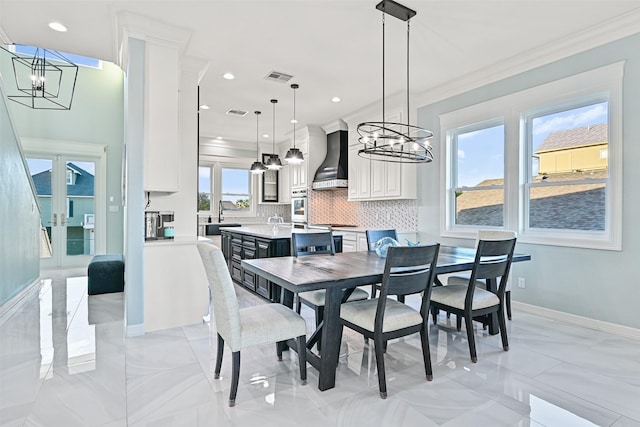 dining room with french doors, recessed lighting, visible vents, ornamental molding, and baseboards