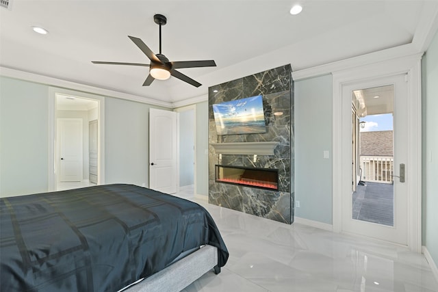 bedroom featuring recessed lighting, ceiling fan, baseboards, and a premium fireplace