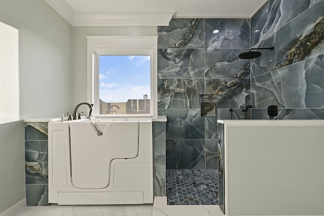 full bath featuring ornamental molding and walk in shower