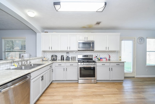 kitchen with stainless steel appliances, tasteful backsplash, white cabinets, a sink, and light wood-type flooring