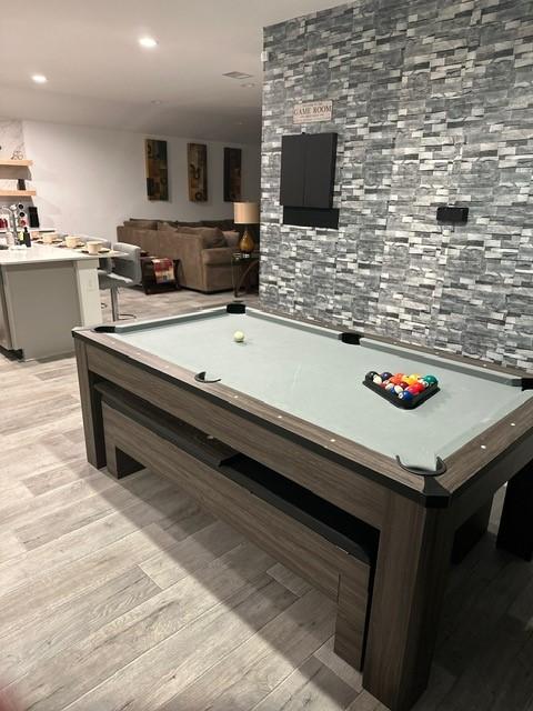 recreation room with light wood-type flooring, recessed lighting, and pool table