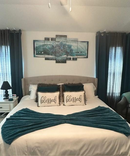 bedroom featuring ceiling fan and multiple windows