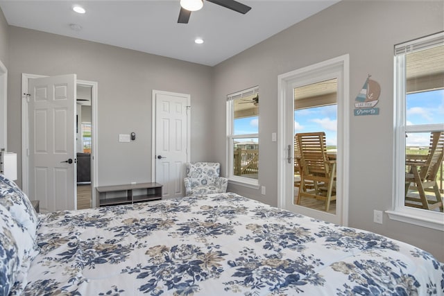 bedroom featuring access to outside, a ceiling fan, and recessed lighting