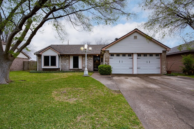 ranch-style house with brick siding, fence, concrete driveway, a front yard, and an attached garage