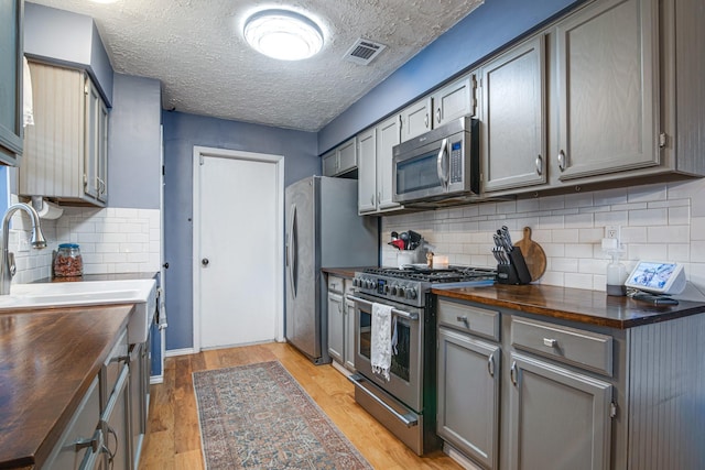 kitchen with visible vents, wooden counters, light wood-style flooring, gray cabinets, and appliances with stainless steel finishes