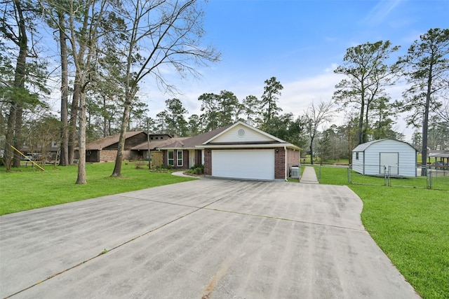 view of front of property with a garage, a front lawn, concrete driveway, and brick siding