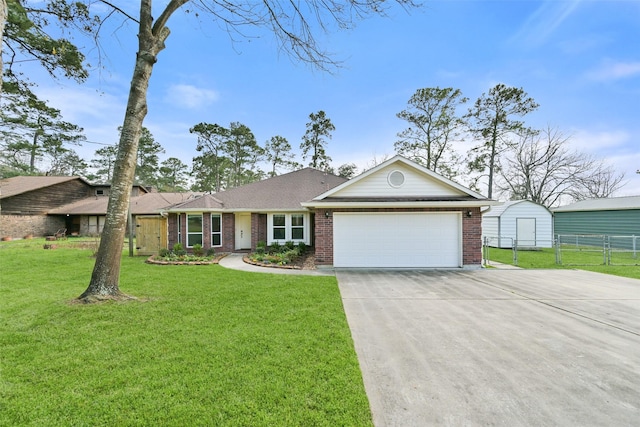 view of front of house featuring a garage, a front yard, concrete driveway, and brick siding