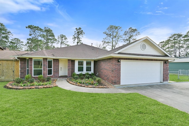 ranch-style home with driveway, an attached garage, fence, a front lawn, and brick siding