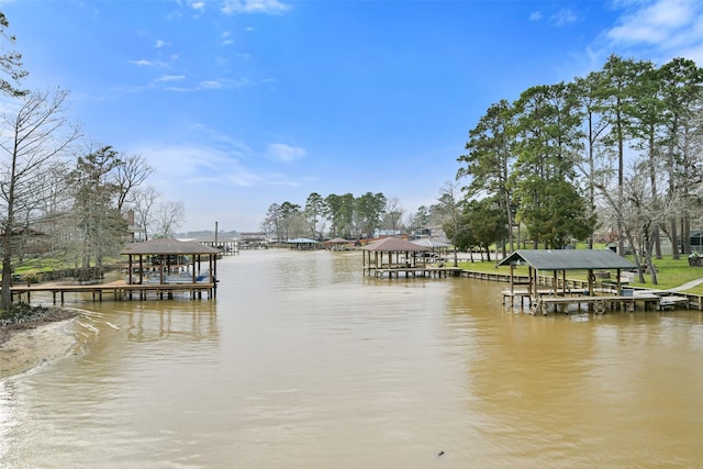 dock area featuring a water view and boat lift