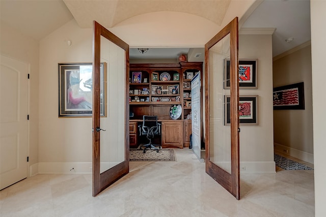 hallway with lofted ceiling, baseboards, and french doors