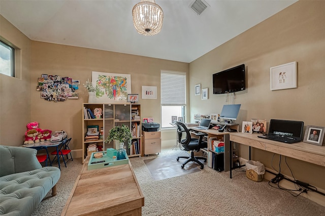 office featuring an inviting chandelier, baseboards, visible vents, and carpet flooring