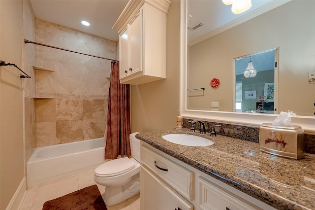 full bathroom featuring tile patterned flooring, toilet, visible vents, ornamental molding, and shower / bath combo with shower curtain