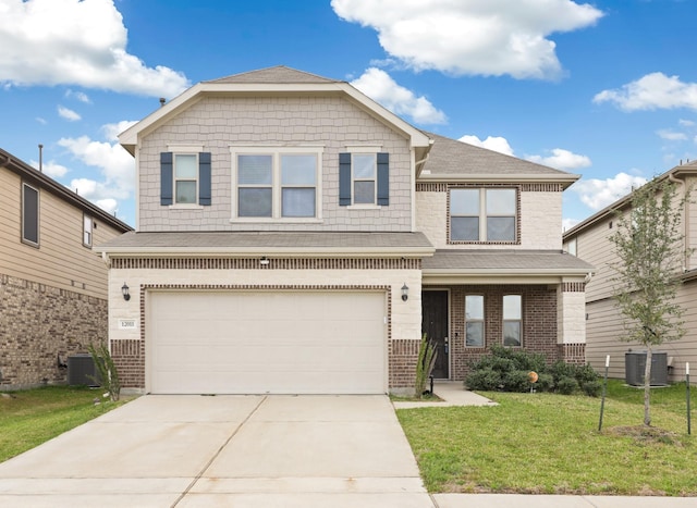 view of front of house with brick siding, an attached garage, central AC, driveway, and a front lawn