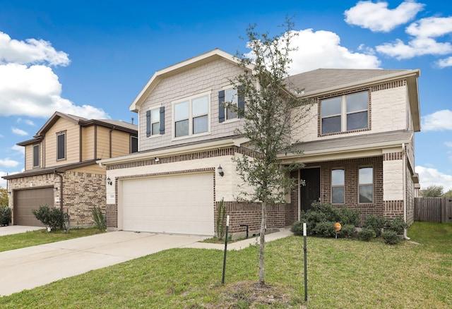 view of front of house featuring a garage, brick siding, driveway, and a front lawn