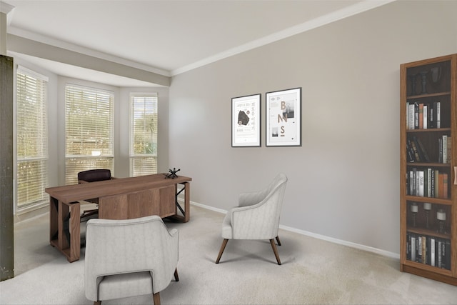 home office with baseboards, light colored carpet, and crown molding