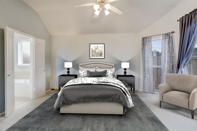 bedroom featuring vaulted ceiling, baseboards, a ceiling fan, and light colored carpet