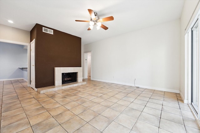 unfurnished living room featuring a fireplace, recessed lighting, visible vents, a ceiling fan, and baseboards