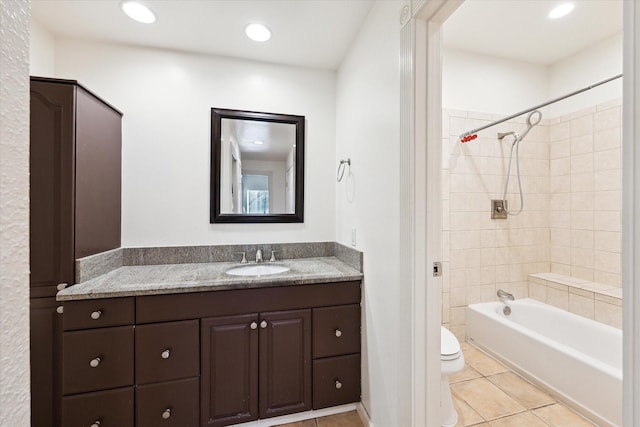 bathroom with recessed lighting, toilet, vanity, shower / tub combination, and tile patterned flooring