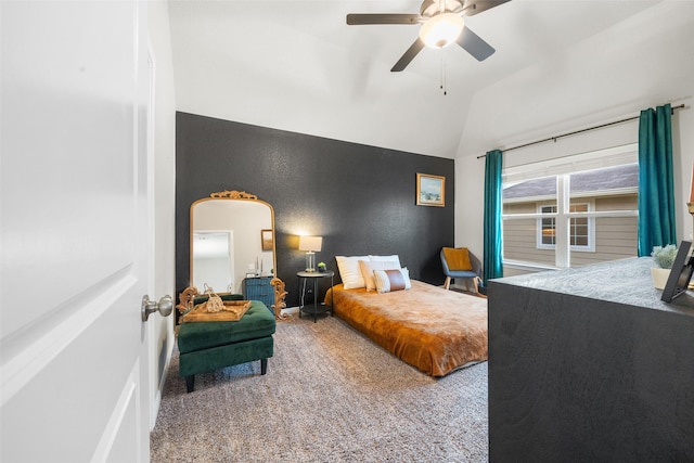 carpeted bedroom featuring arched walkways, a ceiling fan, and vaulted ceiling