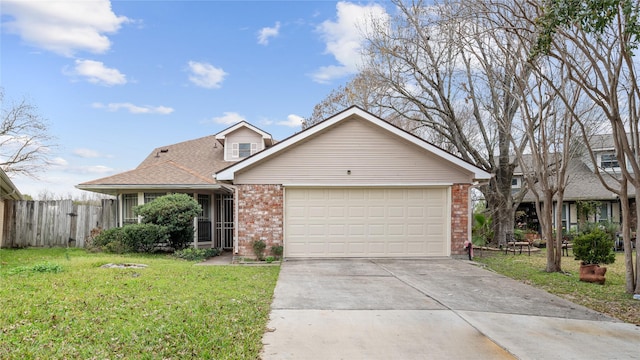 view of front facade featuring brick siding, concrete driveway, fence, a garage, and a front lawn